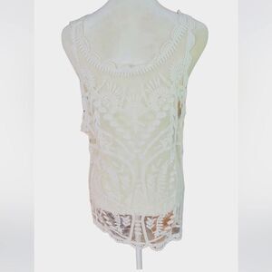 CAPRI ivory semi sheer embroidered tank top size S. Scalloped hem and straps.